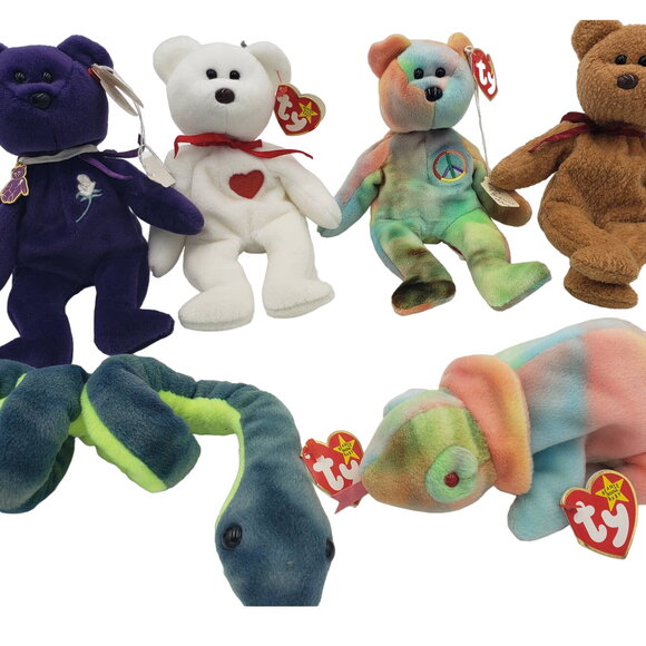 Beanie Babies Rare Lot w/Errors Princess Curly, Hissy, Valentino, Peace, Rainbow - Picture 1 of 15